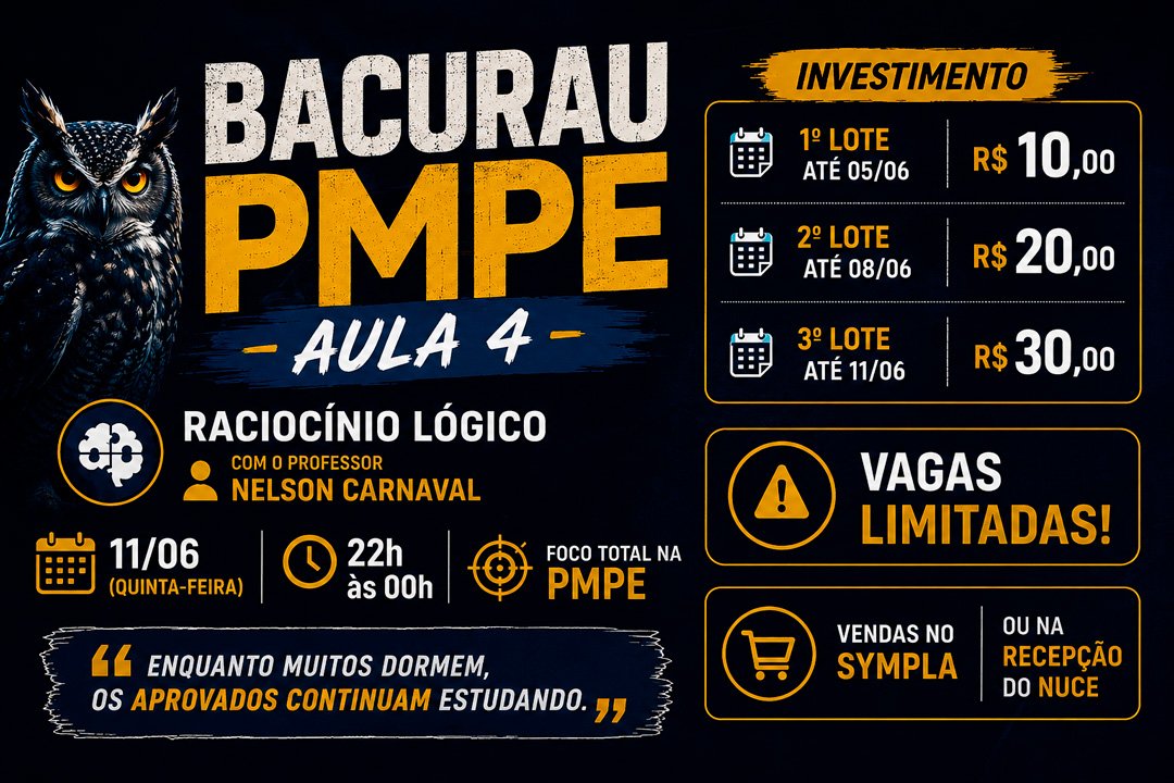 Banner horizontal do Bacurau PMPE Aula 4 com Nelson Carnaval, aulão de Raciocínio Lógico para PMPE realizado em 11 de junho, das 22h às 00h, com vagas limitadas e inscrições pelo NUCE Concursos.