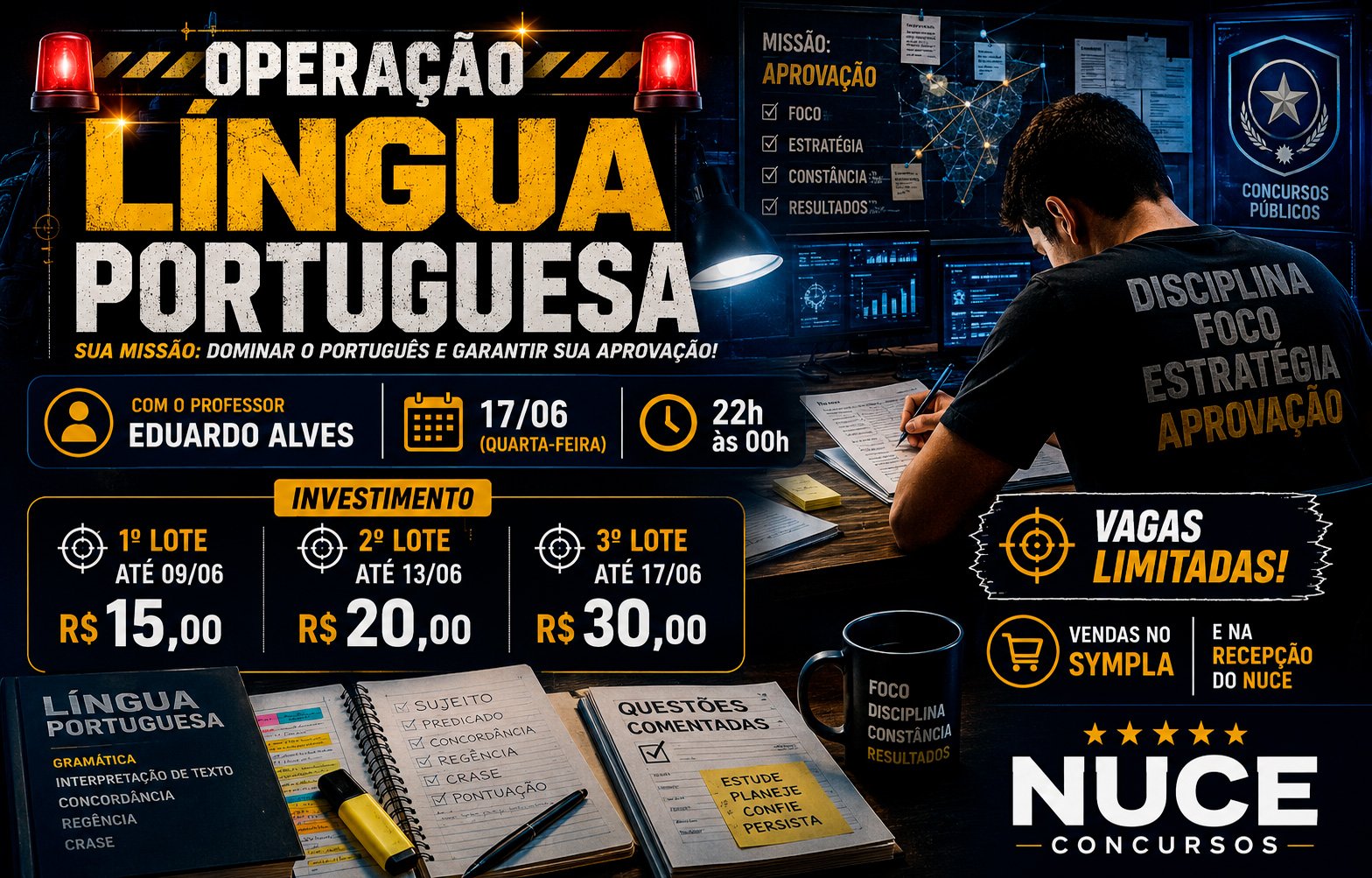 Banner da Operação Língua Portuguesa com Eduardo Alves, revisão intensiva para concursos públicos realizada pelo NUCE Concursos.
