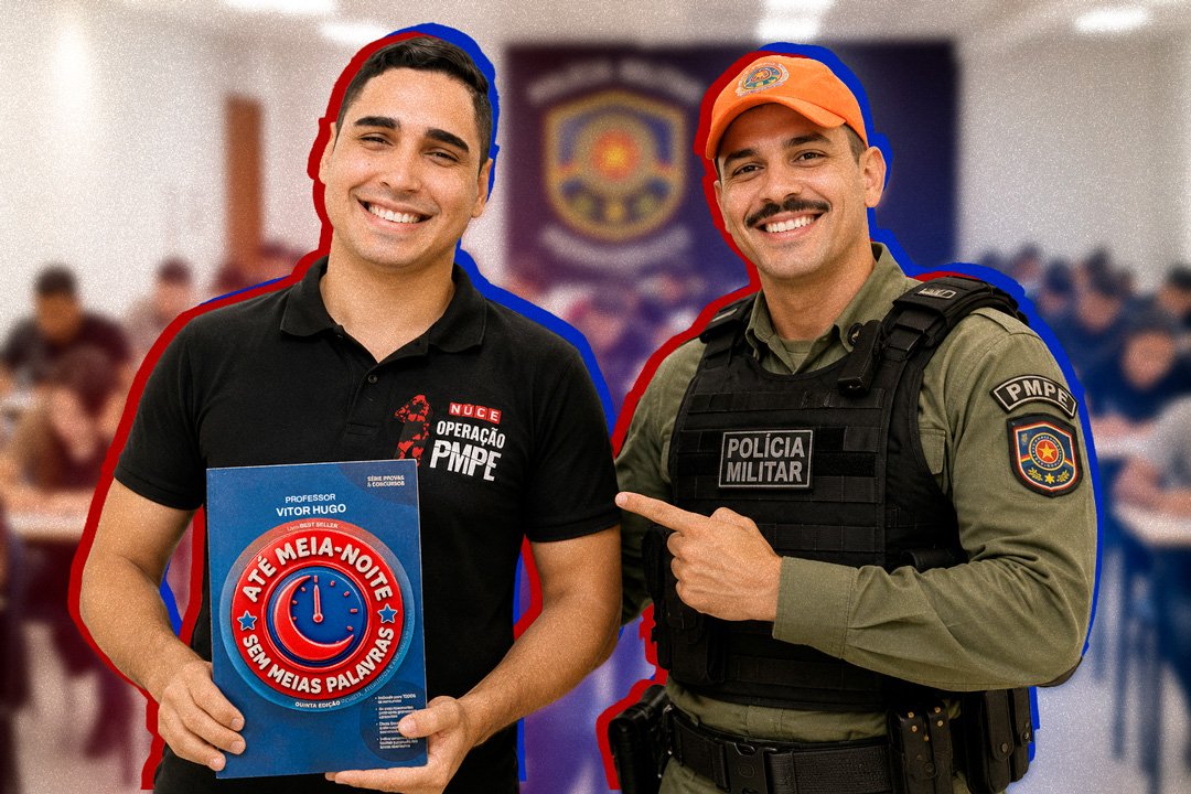 Banner do aulão Até Meia-Noite Sem Meias Palavras com o professor Vitor Hugo, revisão de Língua Portuguesa para candidatos ao concurso da PMPE promovida pelo NUCE Concursos.